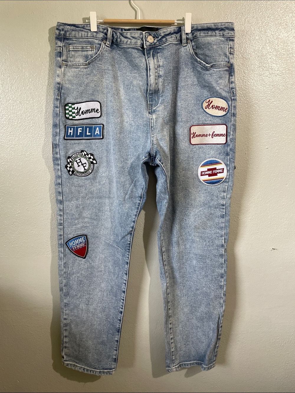 Homme + Femme Patch Distressed Tapered Skater Jeans Moto Denim 42 Streetwear